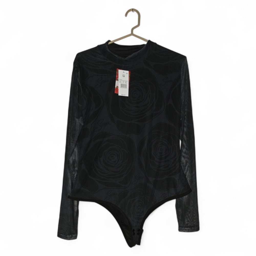Womens Selena, Black Long Sleeve Bodysuit with Rose Pattern, 1x, NWT!!